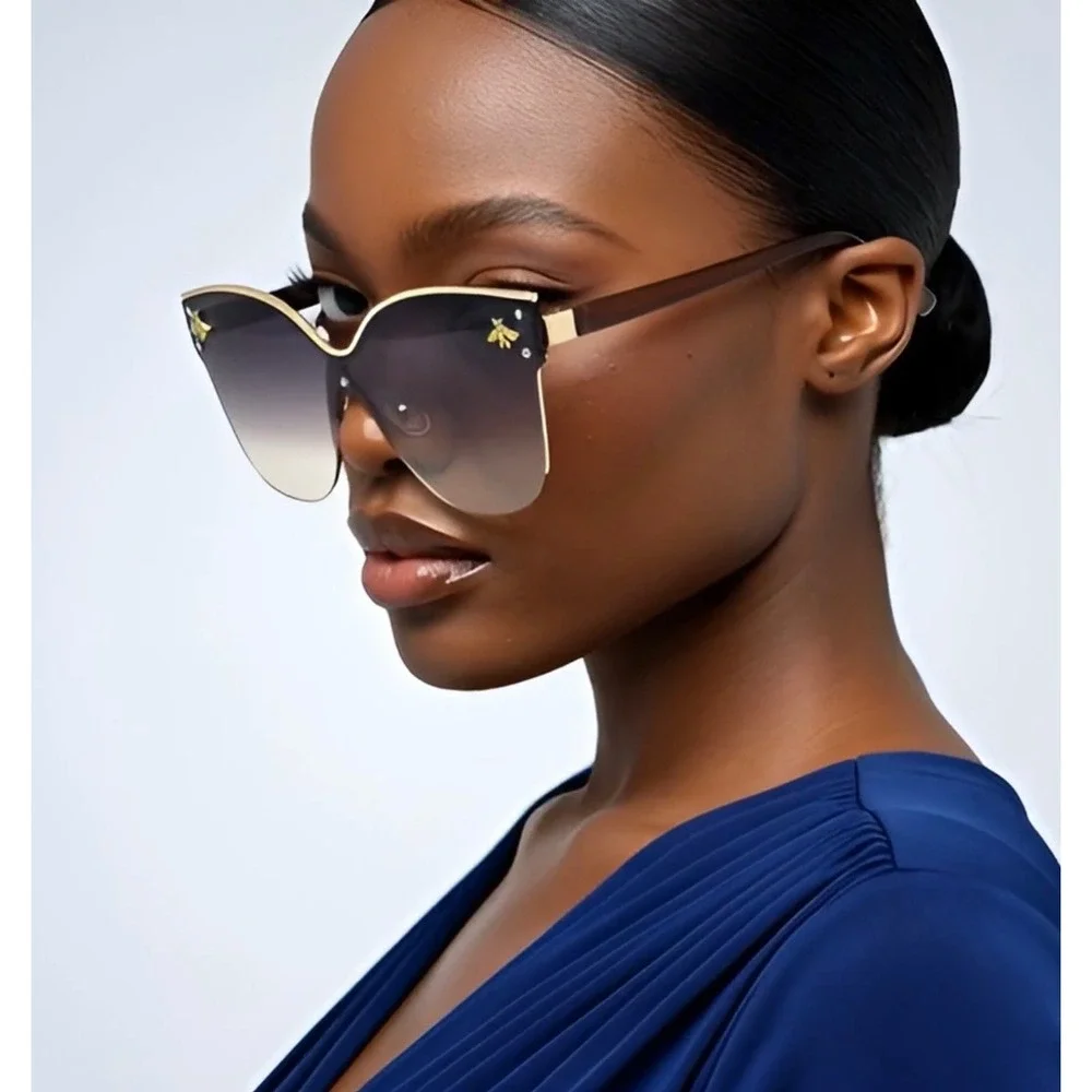 Rimless Shield Sunglasses Bee Gold UV400 Protection Fashion Shades Eye‎ Glasses